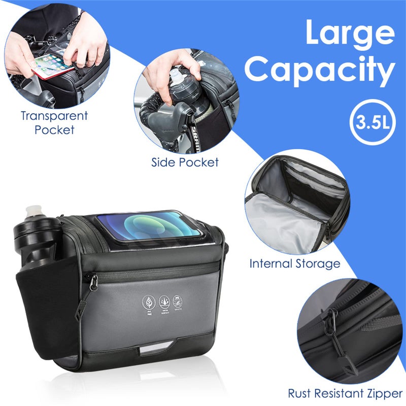 WOTOW Bike Front Handlebar Bag - Large Reflective Bicycle Handlebar Basket Bags Waterproof Storage Pannier for Bike Touchable Transparent Phone Holder Pouch for Men Women Road MTB Outdoor Cycling 3.5L - Image 3